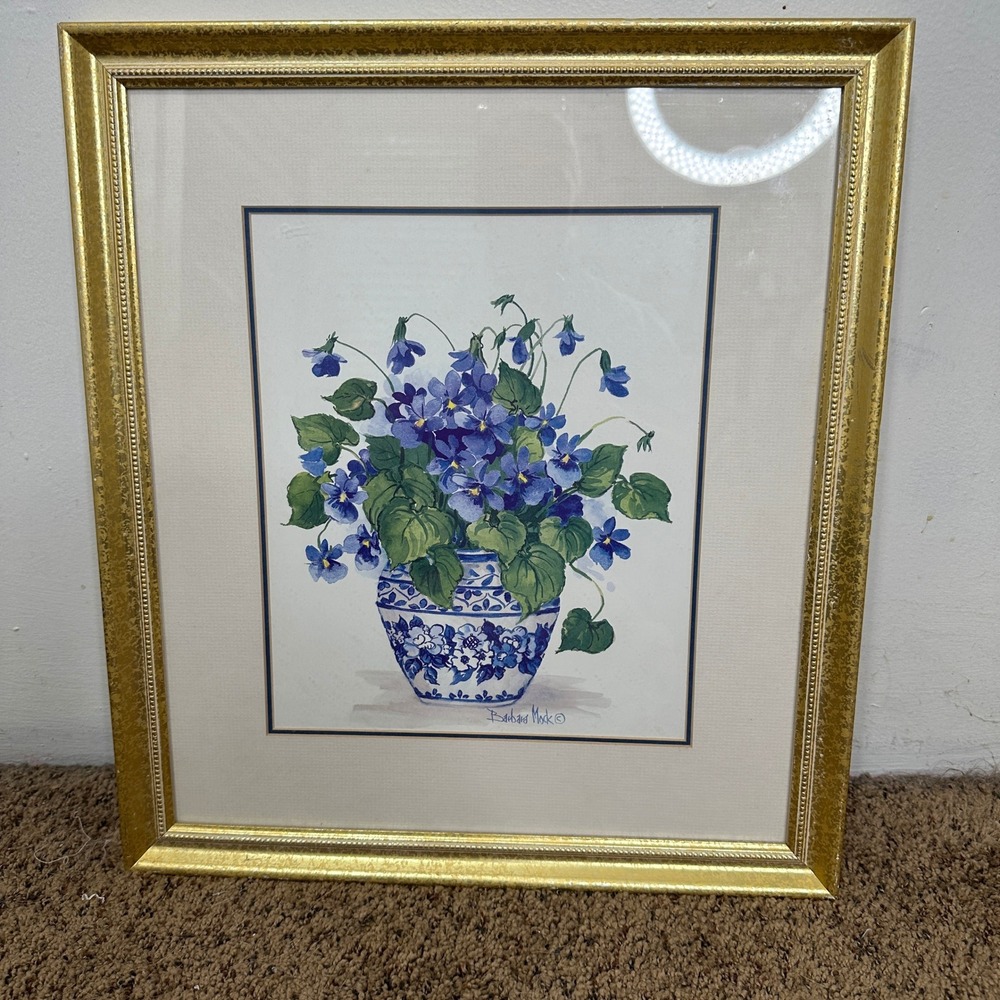 Barbara Mock Violets in Blue White Vase Framed Floral Art Print Gold Frame 17x19